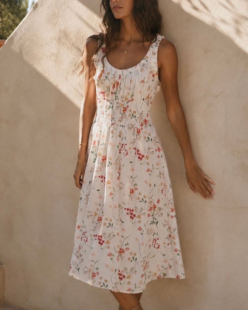 THE LOFT Floral Smocked Poplin Maxi Pocket Dress Size Medium Whisper White